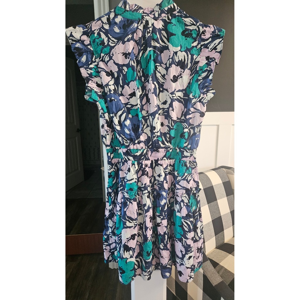 NWT Boho Pinch Ruffle Sleeve Mini Dress Blue Teal Floral Abstract Button Front S
